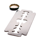 Stylish bottle opener in the shape of a razor blade, made of stainless steel with a quality finish.