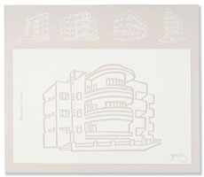 polypropylene coasters illustrated with landmark Bauhaus buildings in Tel Aviv.