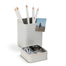 useful desktop pencil cup doubles as a magnet board for displaying short notes.